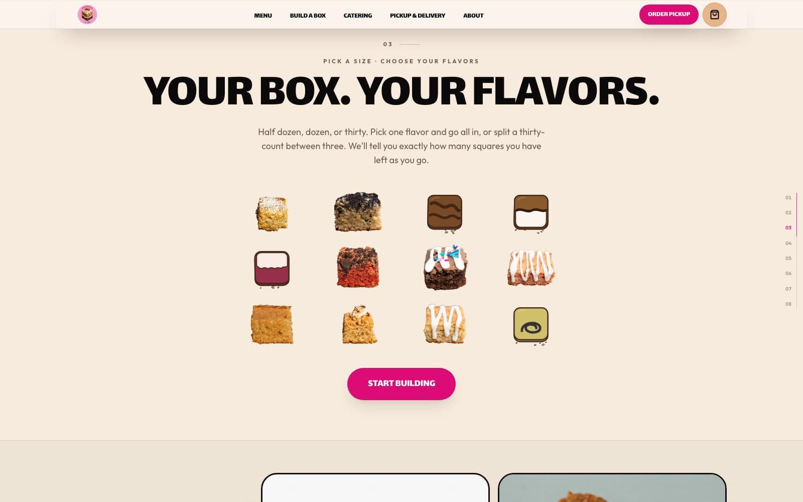 Chapter three of the Sweet Squares homepage, “Your box. Your flavors.”, with twelve squares arranged above a Start building button.