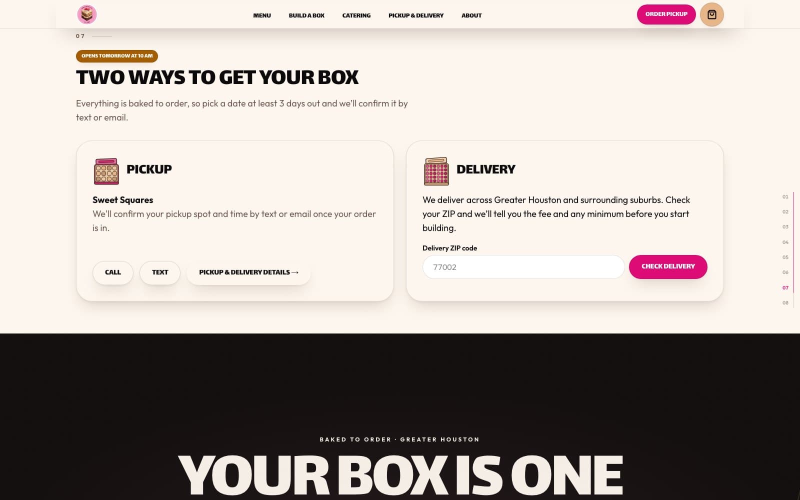 The pickup and delivery chapter of the Sweet Squares homepage, with a pickup card and a delivery card containing a ZIP code check.