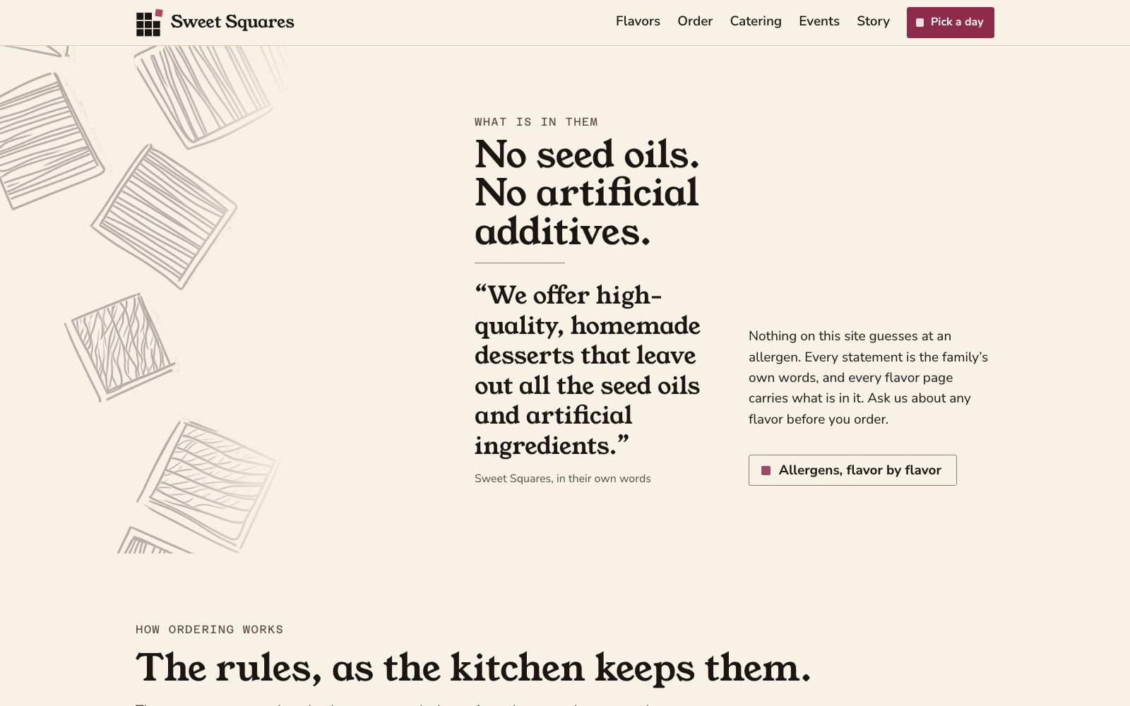 The What is in them chapter of the live homepage, quoting the family on leaving out seed oils and artificial ingredients, above a line about allergens.