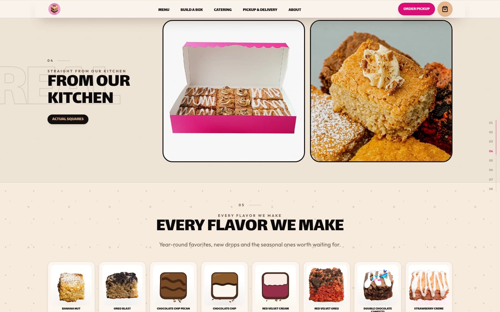 Chapter four of the Sweet Squares homepage, “From our kitchen”, showing two of the family's own photographs uncropped: an open box of squares and a close-up of a butter pecan square.