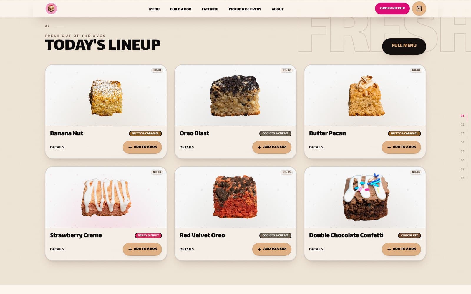 Chapter one of the Sweet Squares homepage, “Today's lineup”, showing six flavour cards with photographs, categories and add-to-box buttons.