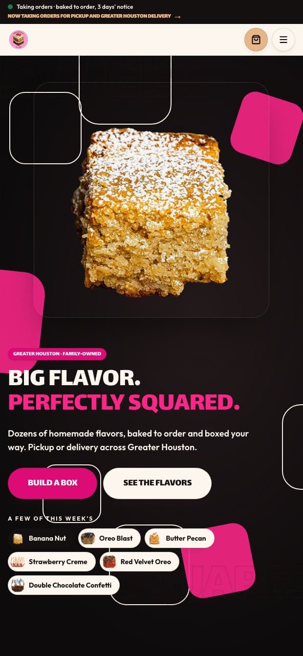 The Sweet Squares rebuild homepage on a phone.