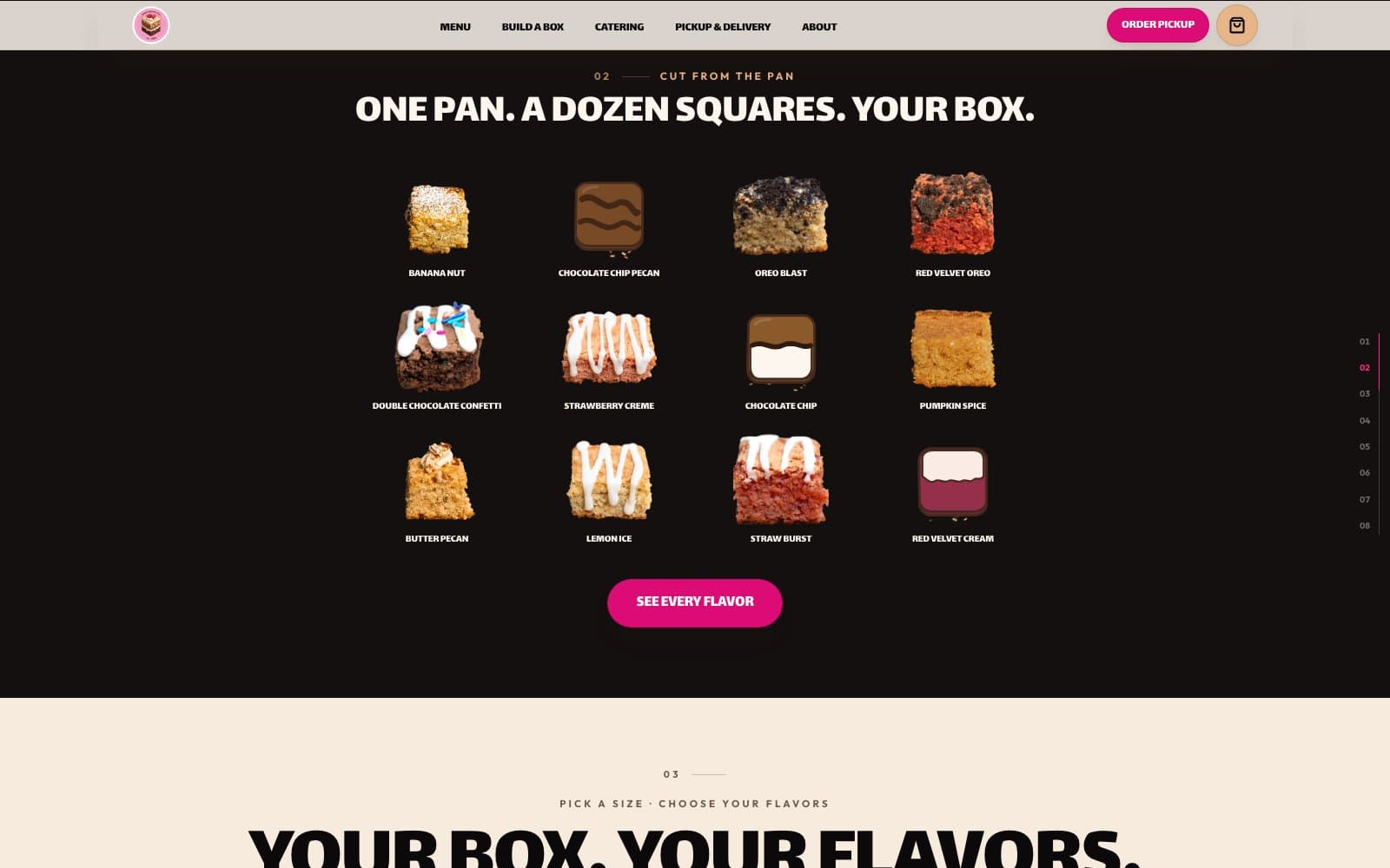 Chapter two of the Sweet Squares homepage, “One pan. A dozen squares. Your box.”, showing twelve photographed squares on near-black.