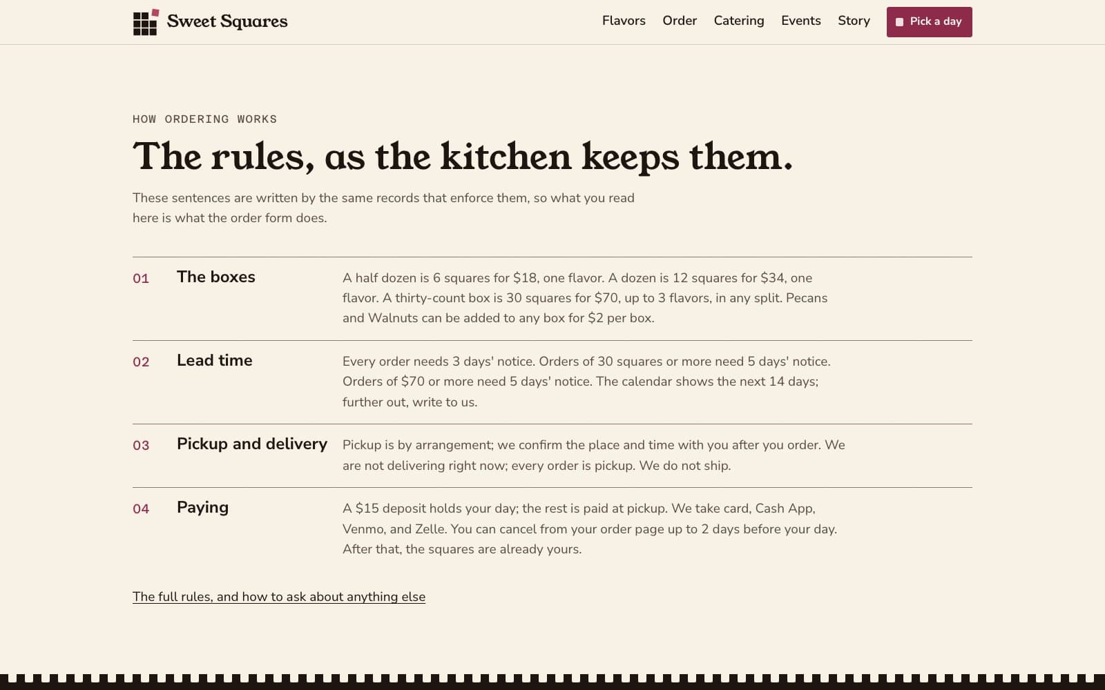 The How ordering works chapter of the live homepage: four numbered rules covering the boxes, lead time, pickup and delivery, and paying.
