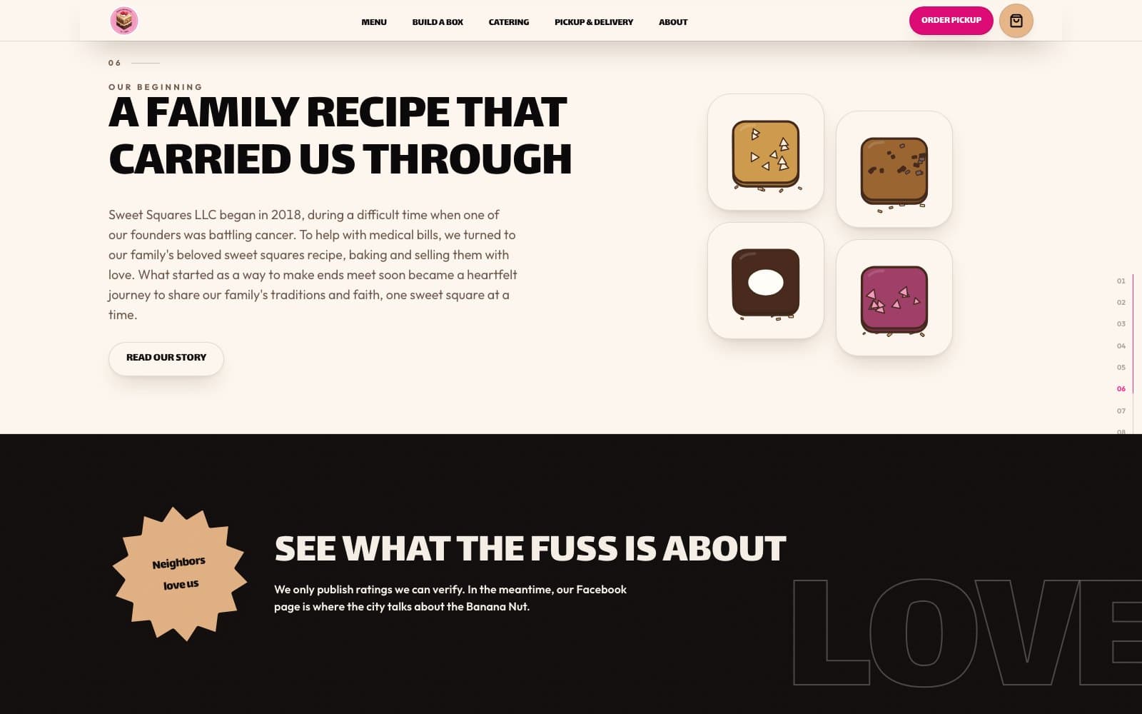 The story chapter of the Sweet Squares homepage, carrying the family's origin story, above a reviews section reading “We only publish ratings we can verify.”