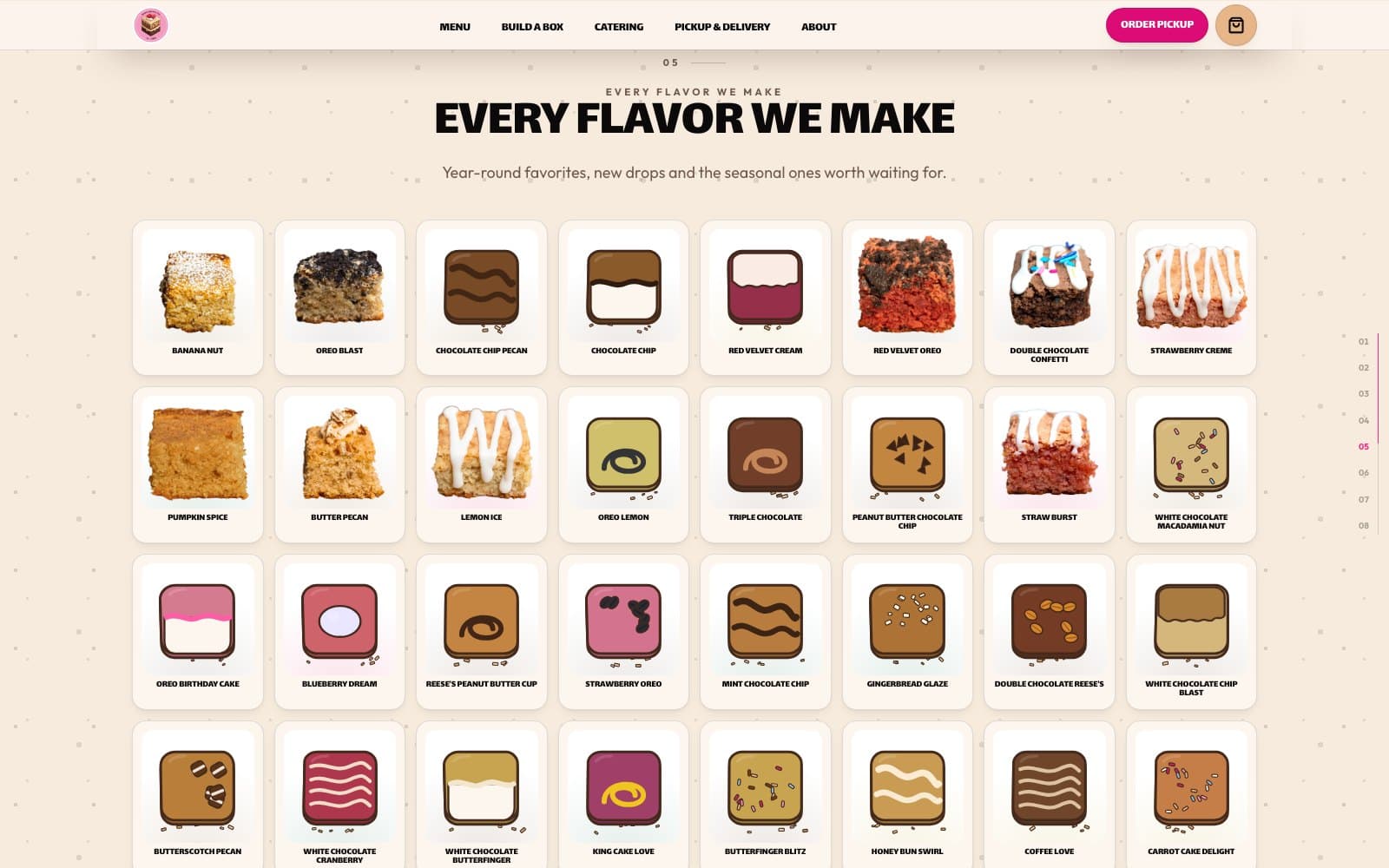 Chapter five of the Sweet Squares homepage, “Every flavor we make”, a wall of every flavour in square cells.