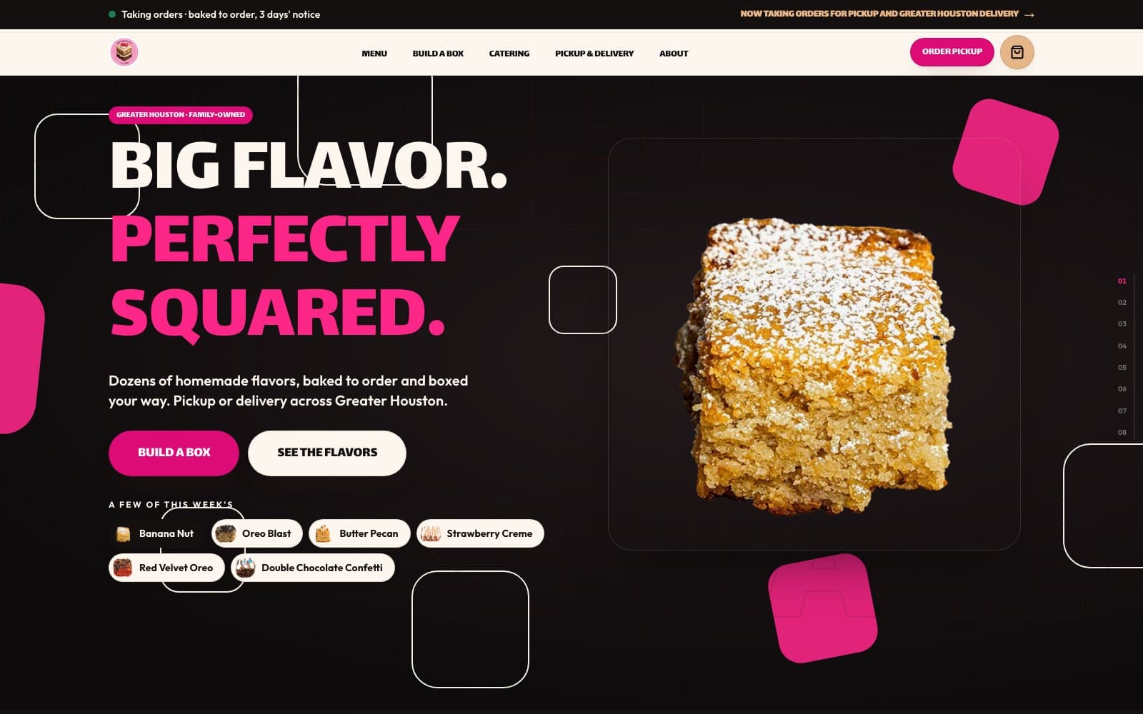 The Sweet Squares rebuild homepage in development: the headline “Big flavor. Perfectly squared.” beside a photographed dessert square, with this week's flavours listed beneath.