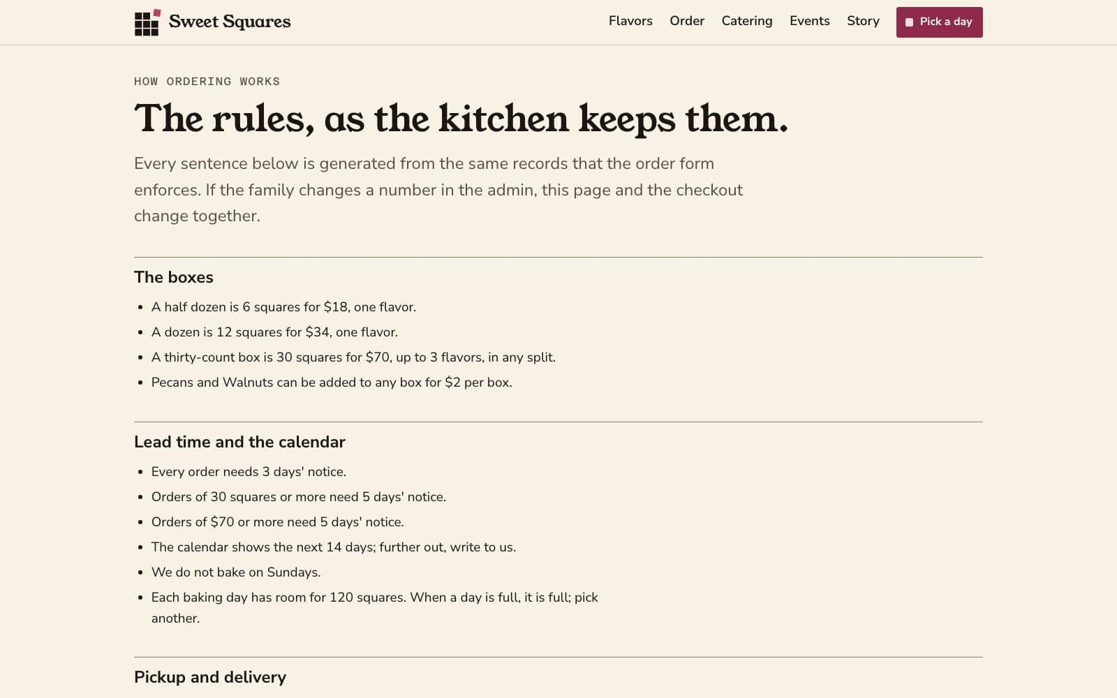 The full How ordering works page on the live Sweet Squares site, listing the boxes, lead time, pickup and delivery, and paying in detail.