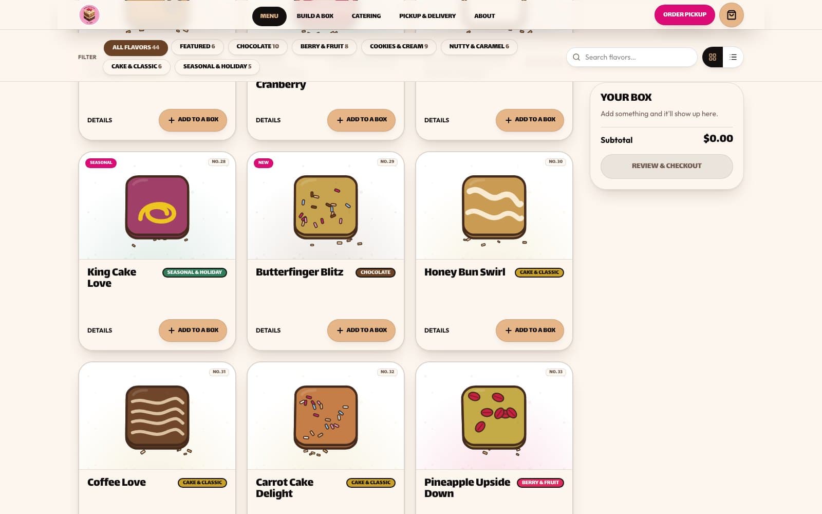 Deeper into the Sweet Squares menu grid, showing flavours numbered 28 to 33 with seasonal and new badges and per-item availability.