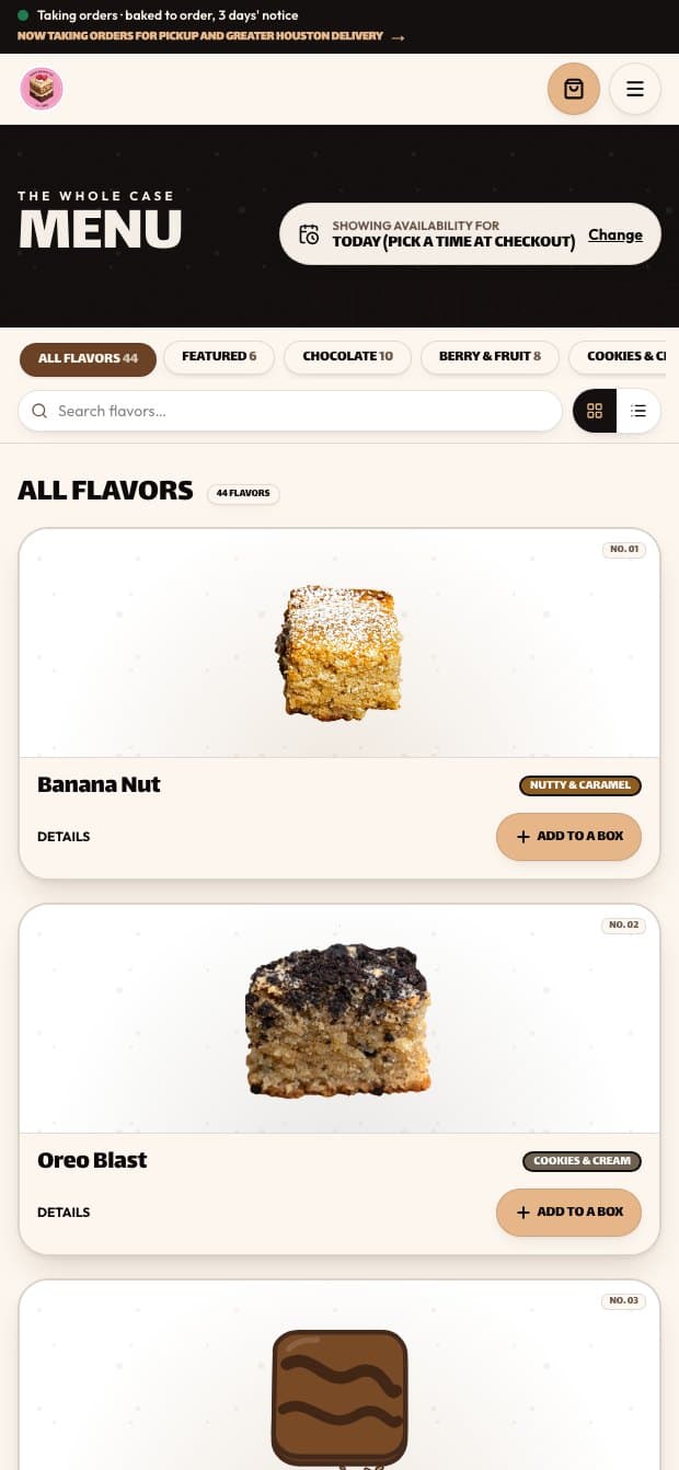 The Sweet Squares rebuild menu on a phone, with the filter strip and search above the flavour cards.