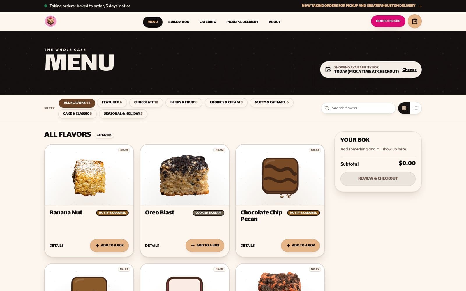 The Sweet Squares rebuild menu page: a filter strip reading All flavors 44, Featured 6, and six categories with their counts, above a grid of flavour cards.