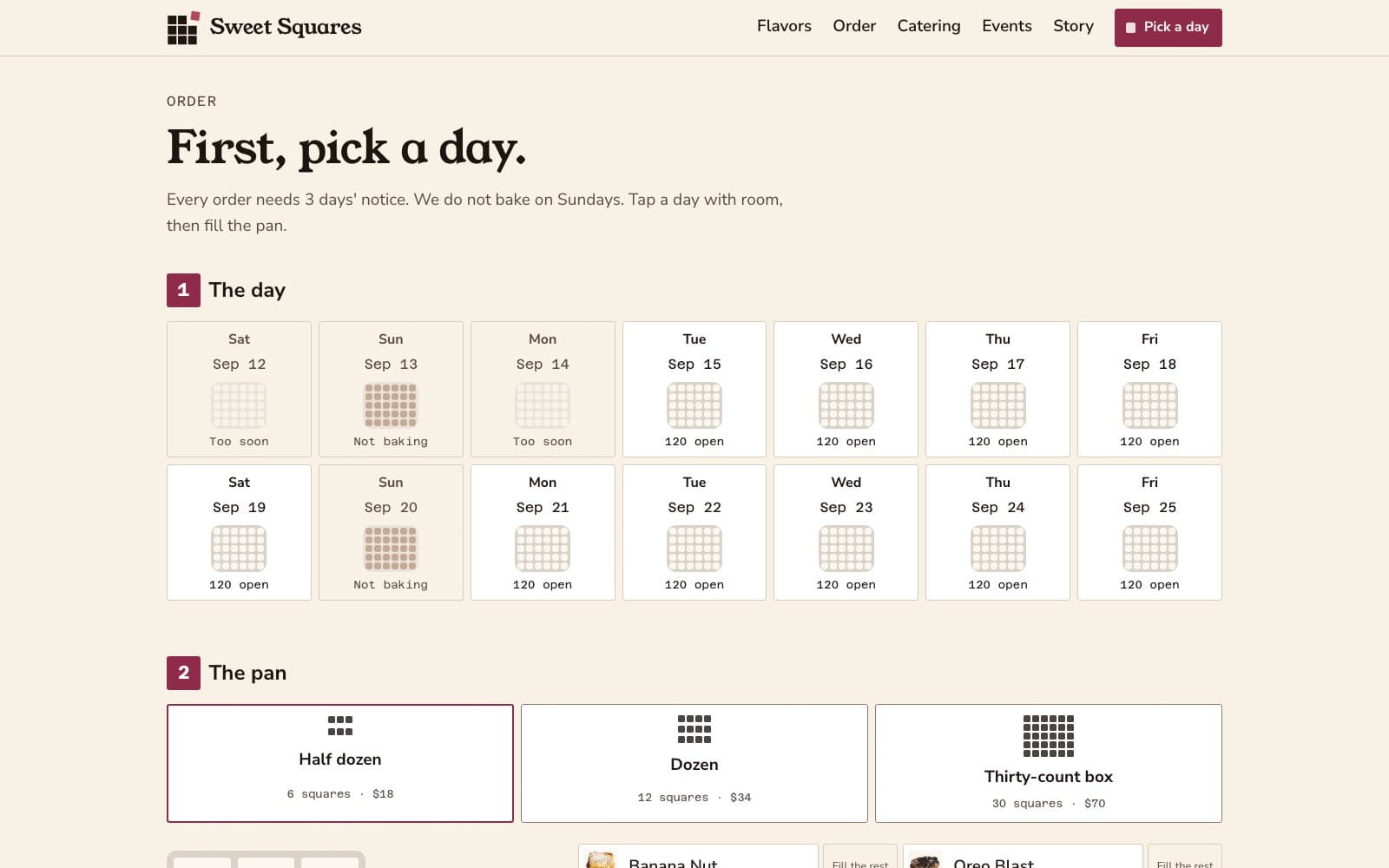 The top of the live Sweet Squares order page, headed “First, pick a day”, with the same fourteen-day strip.