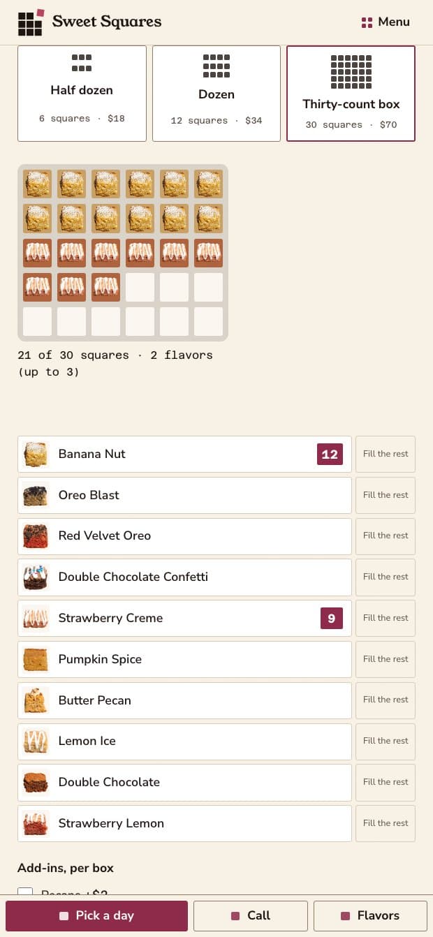 The live Sweet Squares order page on a phone: a thirty-count pan holding twenty-one squares, a counter reading “21 of 30 squares · 2 flavors (up to 3)”, and the flavor list beneath it.