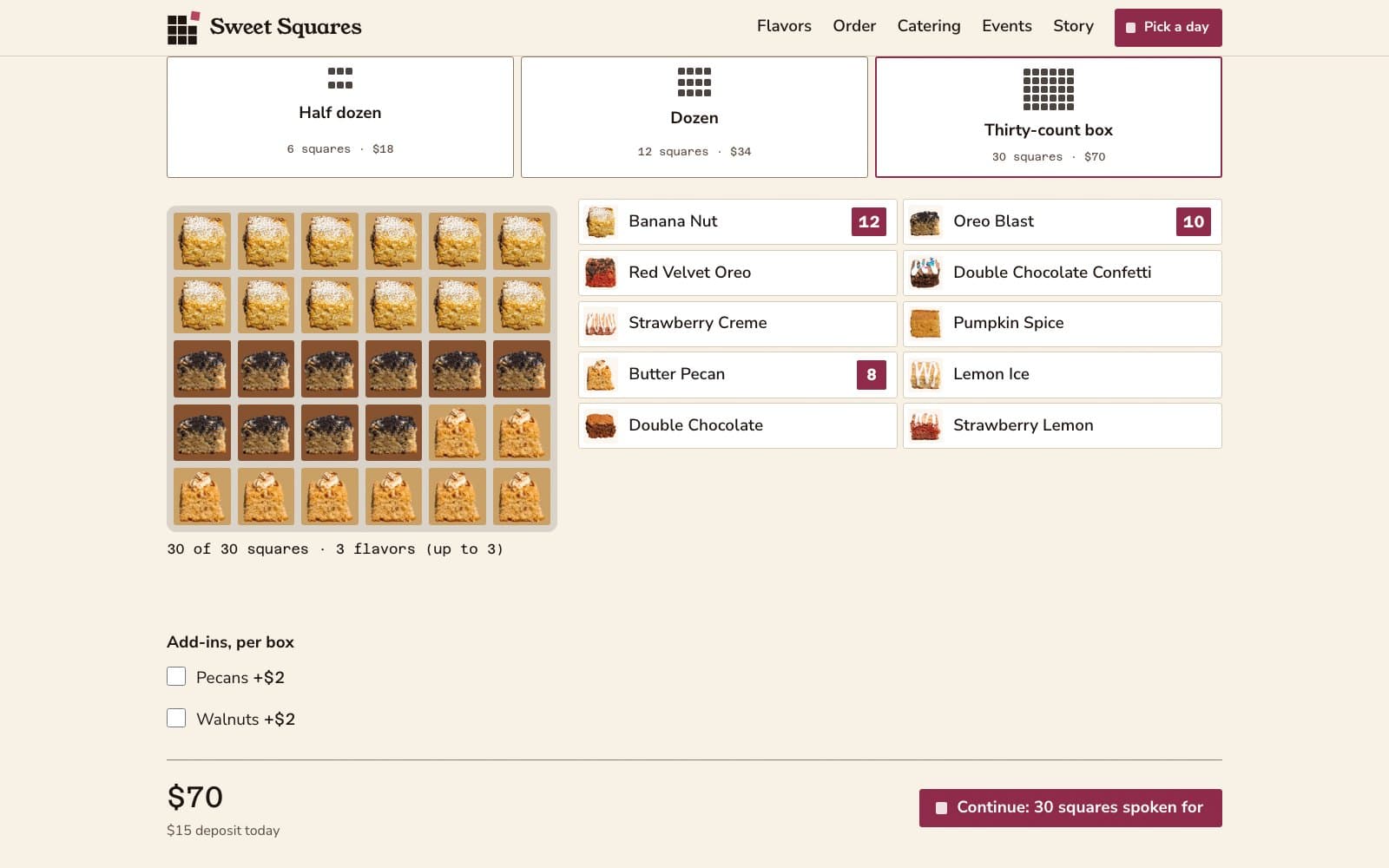 The live Sweet Squares order page with a thirty-count box filled: twelve Banana Nut, ten Oreo Blast and eight Butter Pecan photographed in a six by five pan, beside a counter reading “30 of 30 squares · 3 flavors (up to 3)”.