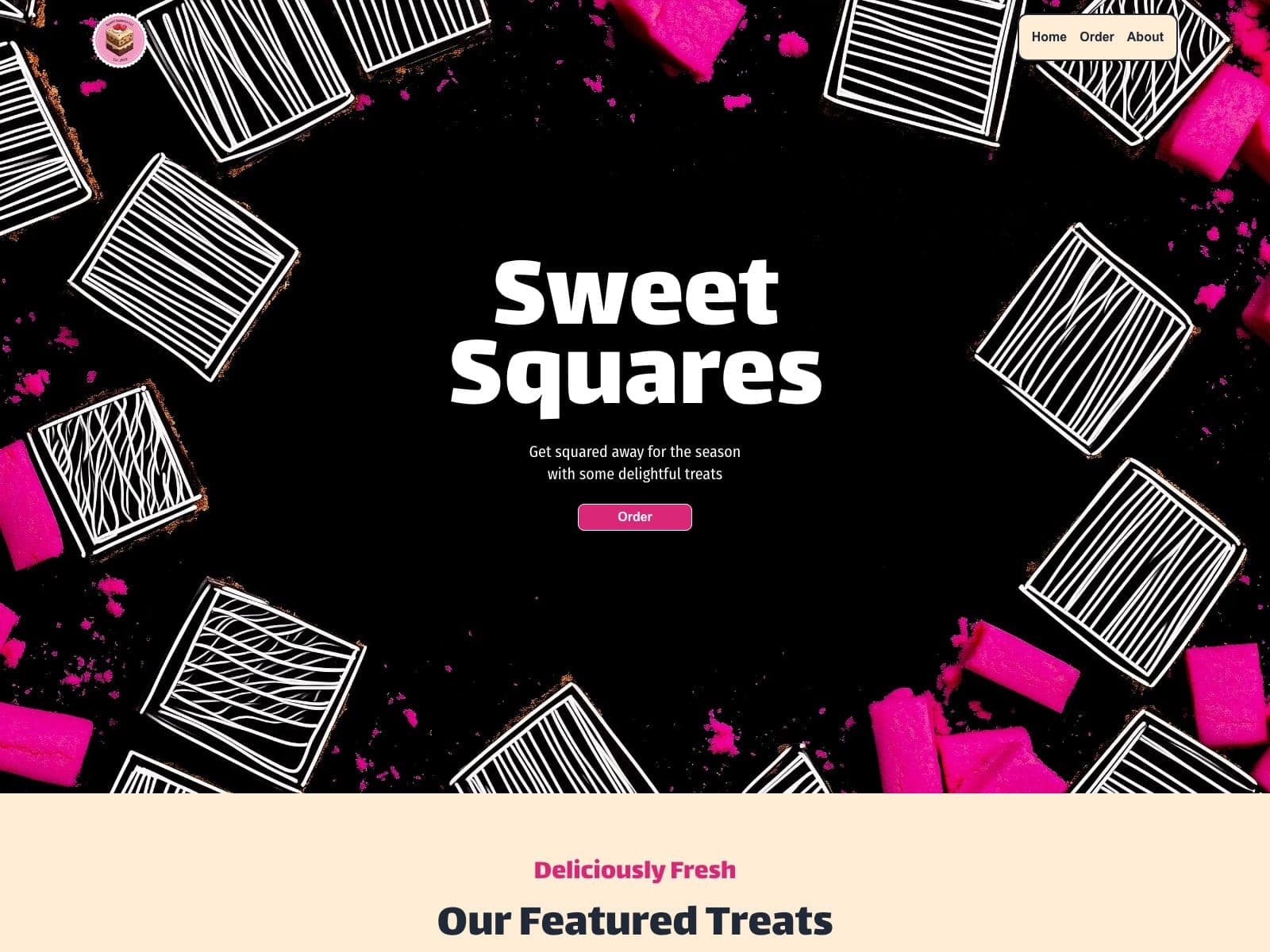 The current Sweet Squares homepage in full, showing the flavour line-up, the About Us band and the family's values.