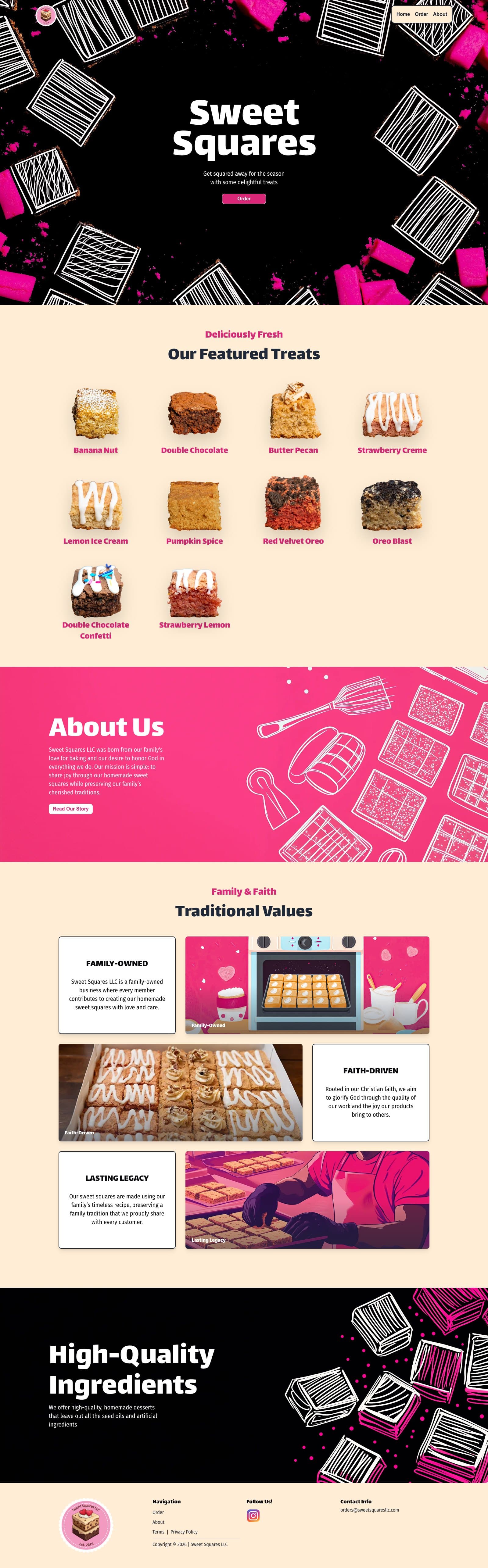 The current Sweet Squares homepage in full, showing the flavour line-up, the About Us band and the family's values.