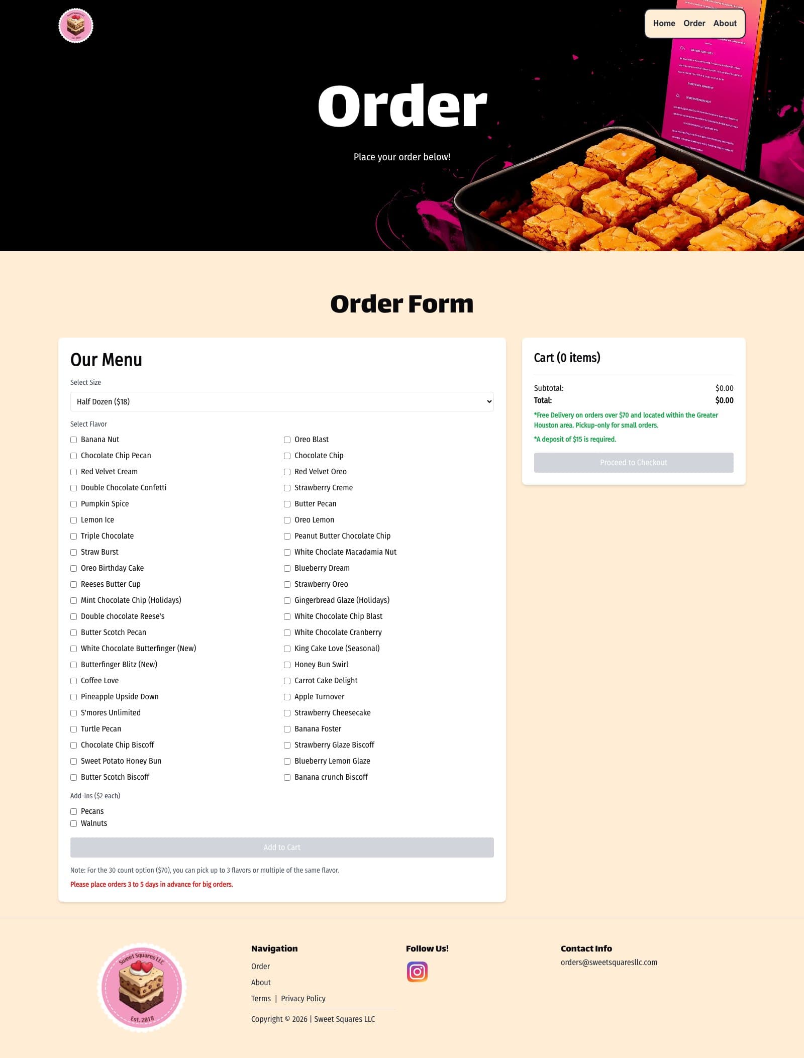 The current Sweet Squares order page: a size dropdown, forty-four flavour checkboxes, two add-ins, and a cart panel stating a $15 deposit and free delivery over $70.