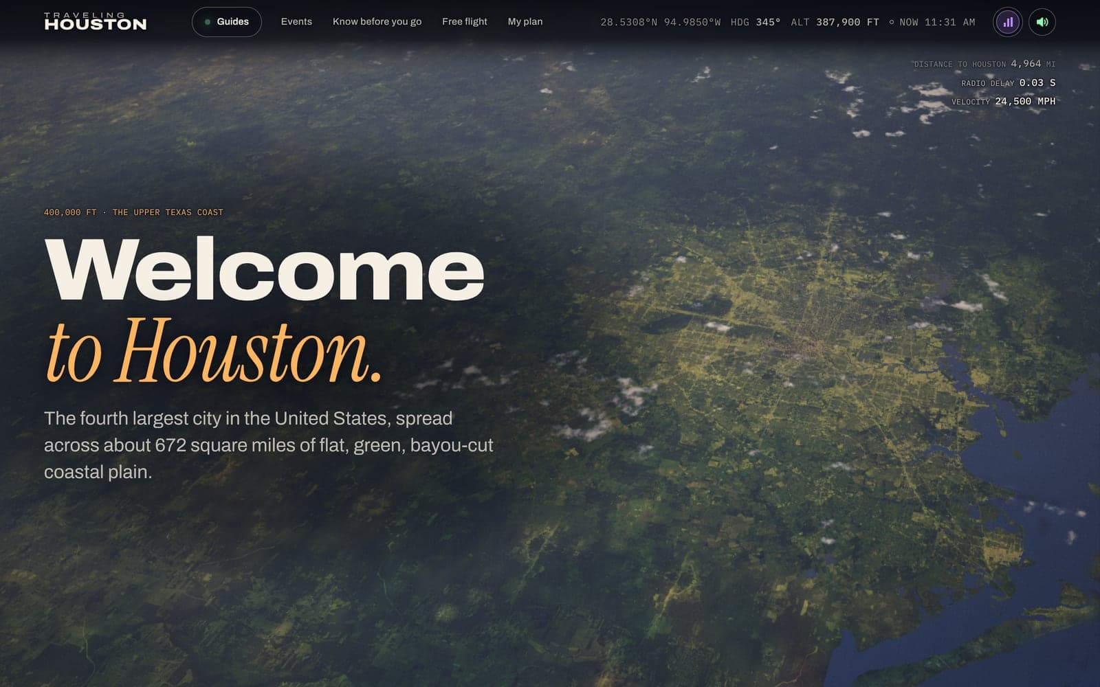 The upper Texas coast from high above, the Houston region spread out as aerial photography with Galveston Bay beyond, under the headline “Welcome to Houston.”