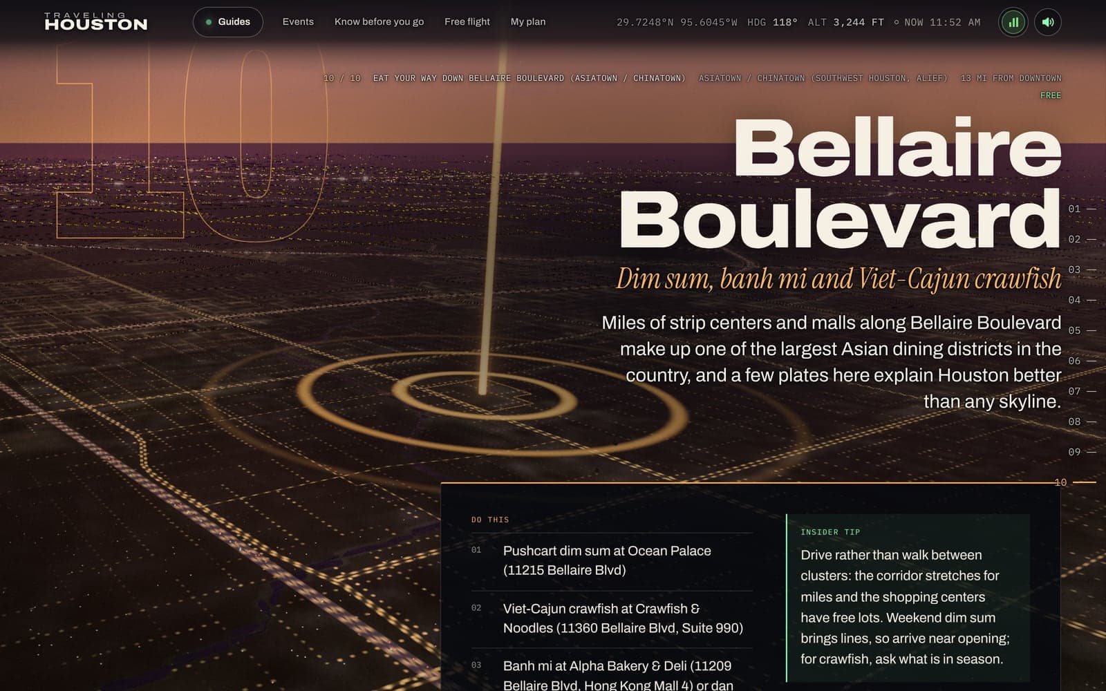 Bellaire Boulevard at dusk in the 3D city, its streets drawn as lines of light under a beam marking the stop, beside the place's name and field notes.