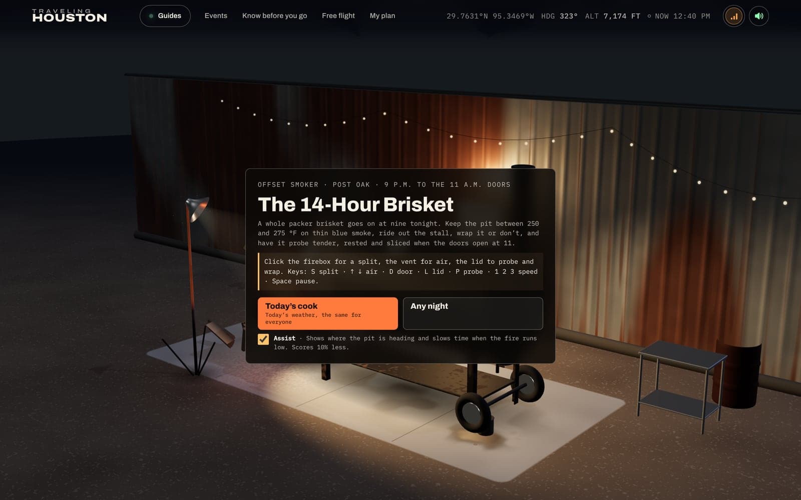The 14-Hour Brisket on the Barbecue guide: an offset smoker on a lit patio at night under string lights, with the game's card explaining the overnight cook and its controls.