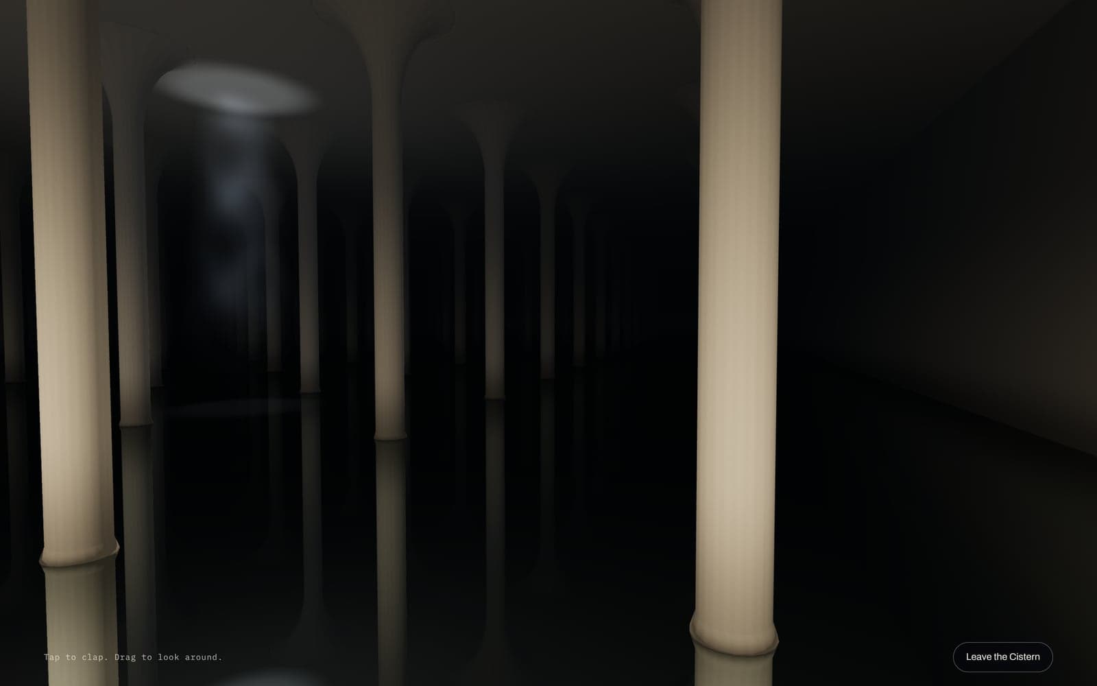 Inside the Cistern on the live site: pale concrete columns receding into the dark and reflected in still water, with the line “Tap to clap. Drag to look around.”