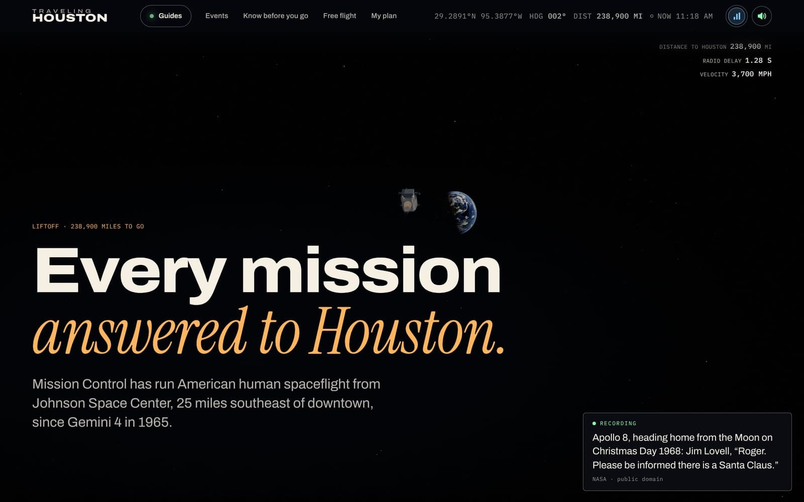 Black space with the ascent stage and a small Earth beside it, over the headline “Every mission answered to Houston.”