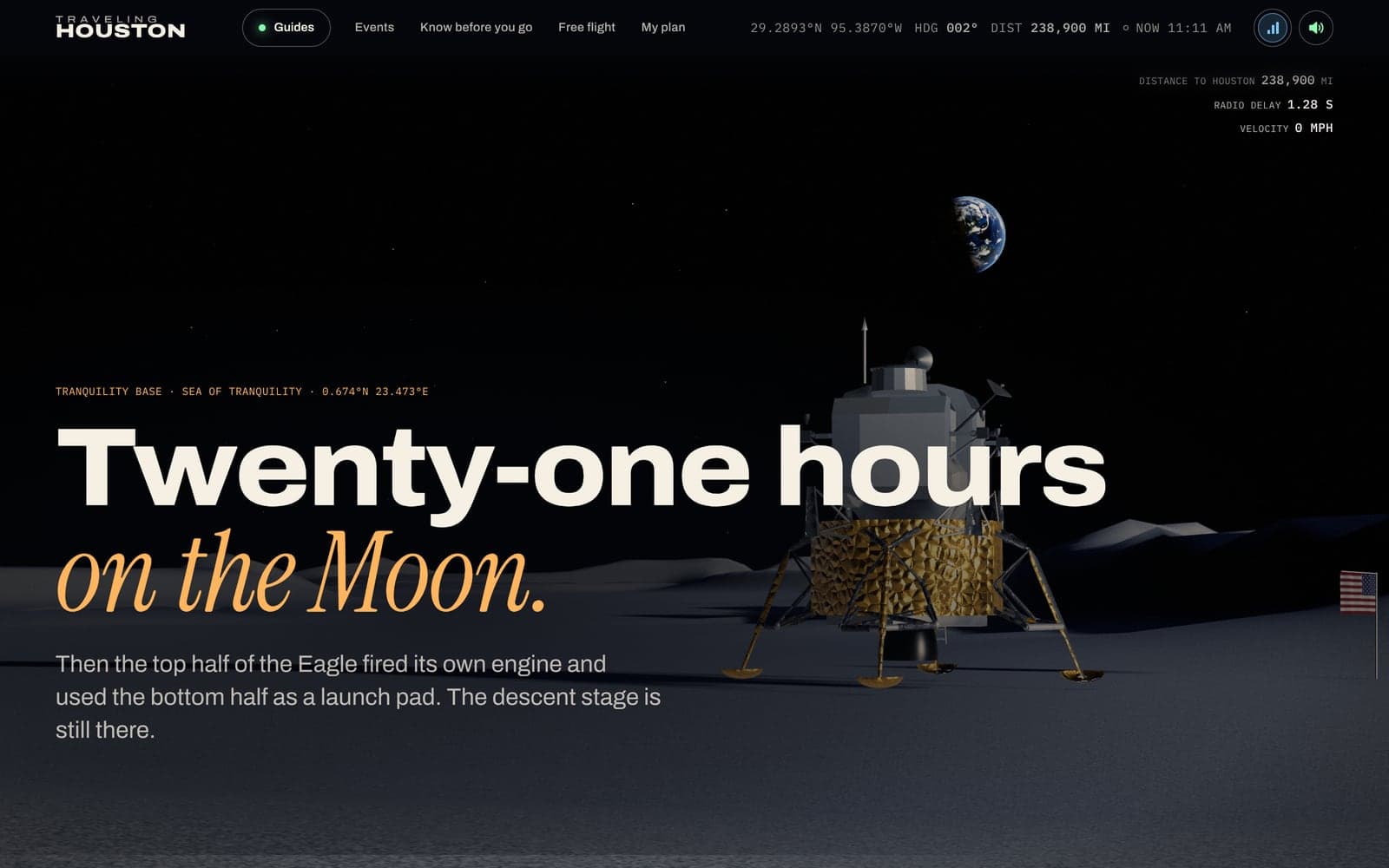 The Apollo lunar module on the gray lunar plain with the Earth in the black sky above it, under the headline “Twenty-one hours on the Moon.” and a caption of Armstrong's first step.