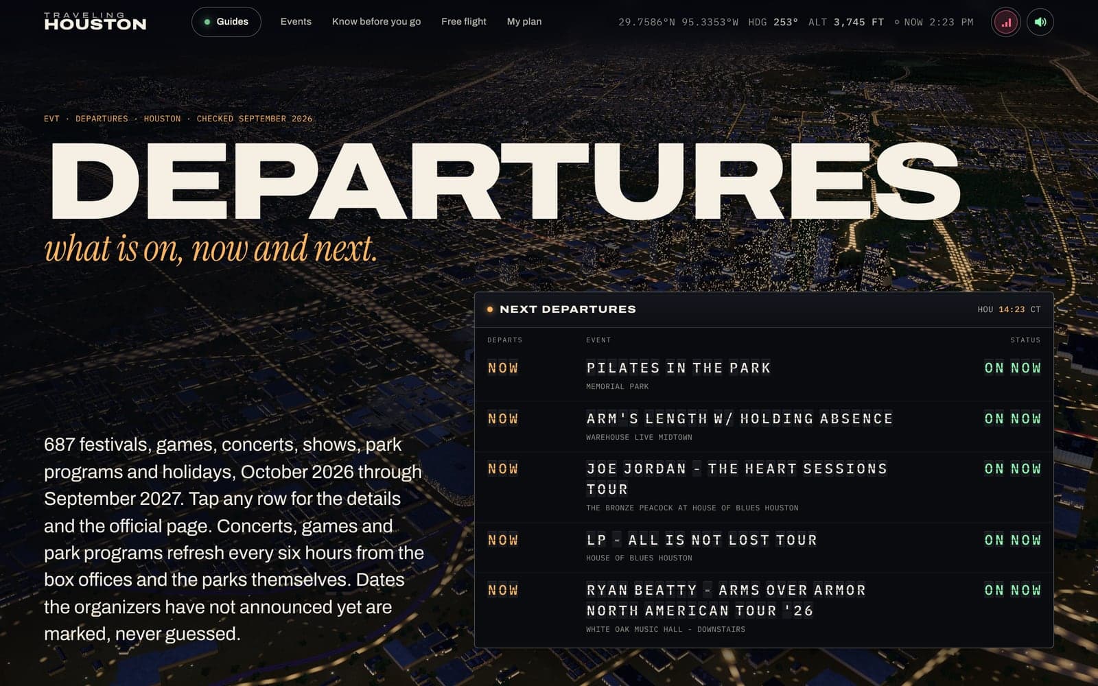 The events page: the word Departures over the night city, and a split-flap board of what is on now, with venues and statuses.