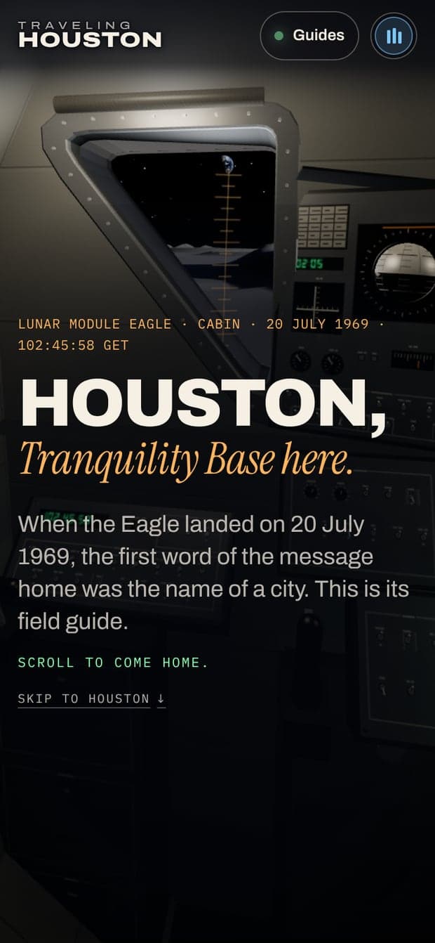 Traveling Houston on a phone: the lunar module cabin's window above the headline “Houston, Tranquility Base here.”