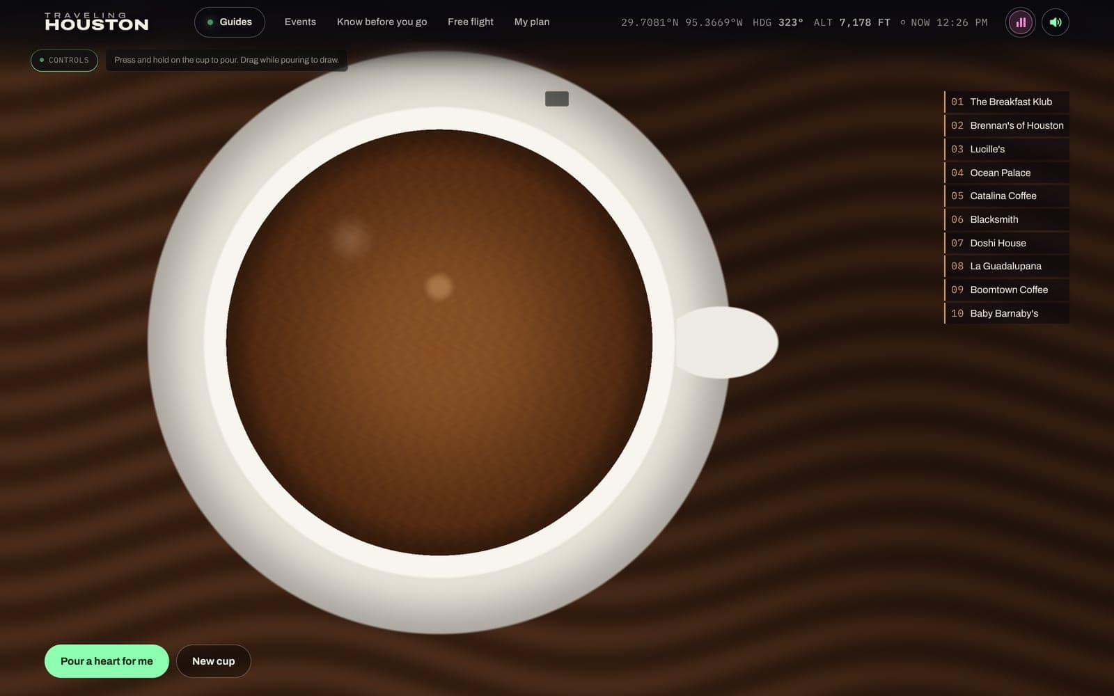Latte Art on the Coffee and Brunch guide: a cup of coffee seen from above, waiting for the pour, with the guide's ten places listed beside it and a Pour a heart for me button.