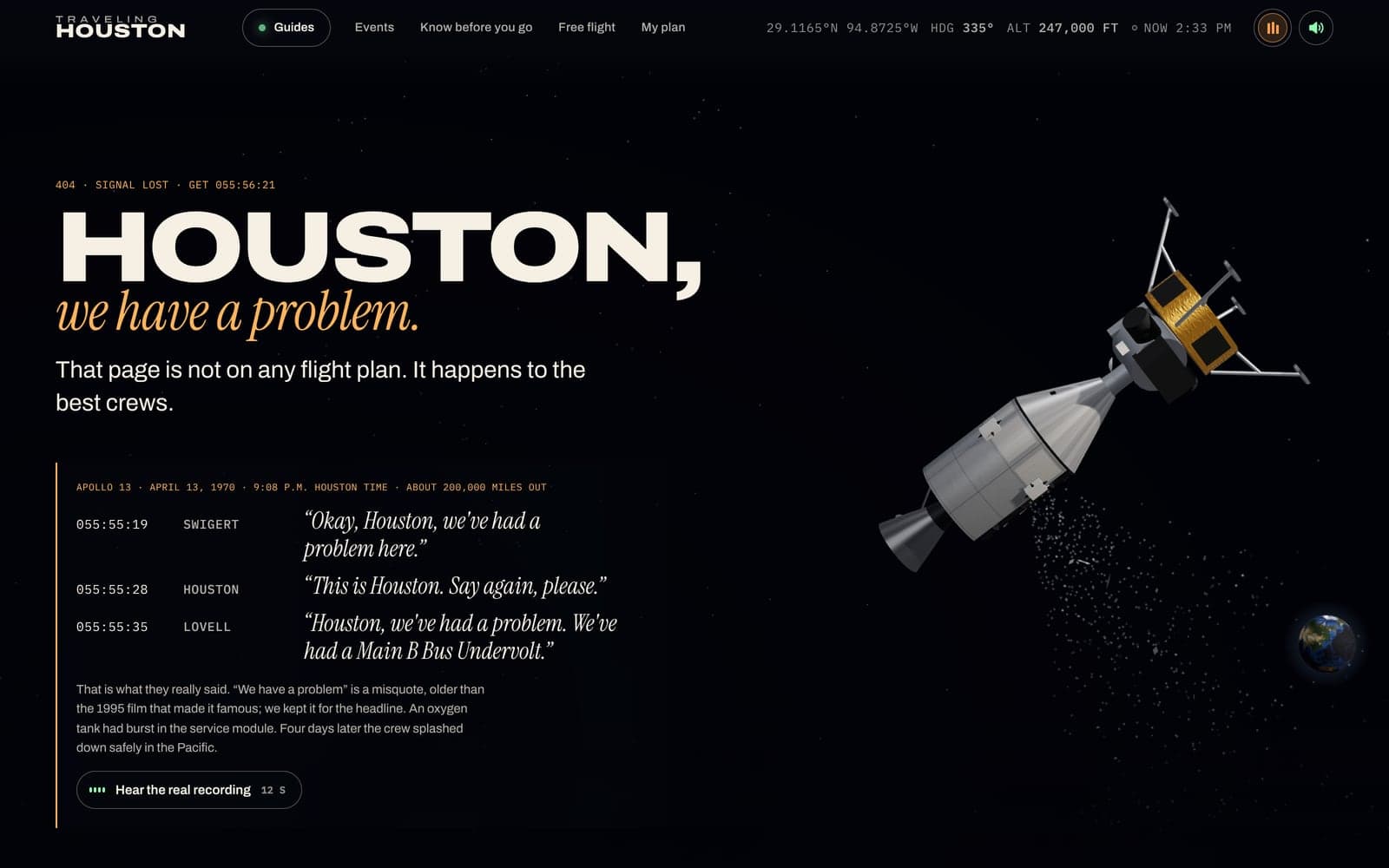 The page for a wrong address: the Apollo 13 spacecraft drifting in space beside the headline “Houston, we have a problem” and the real flight transcript.