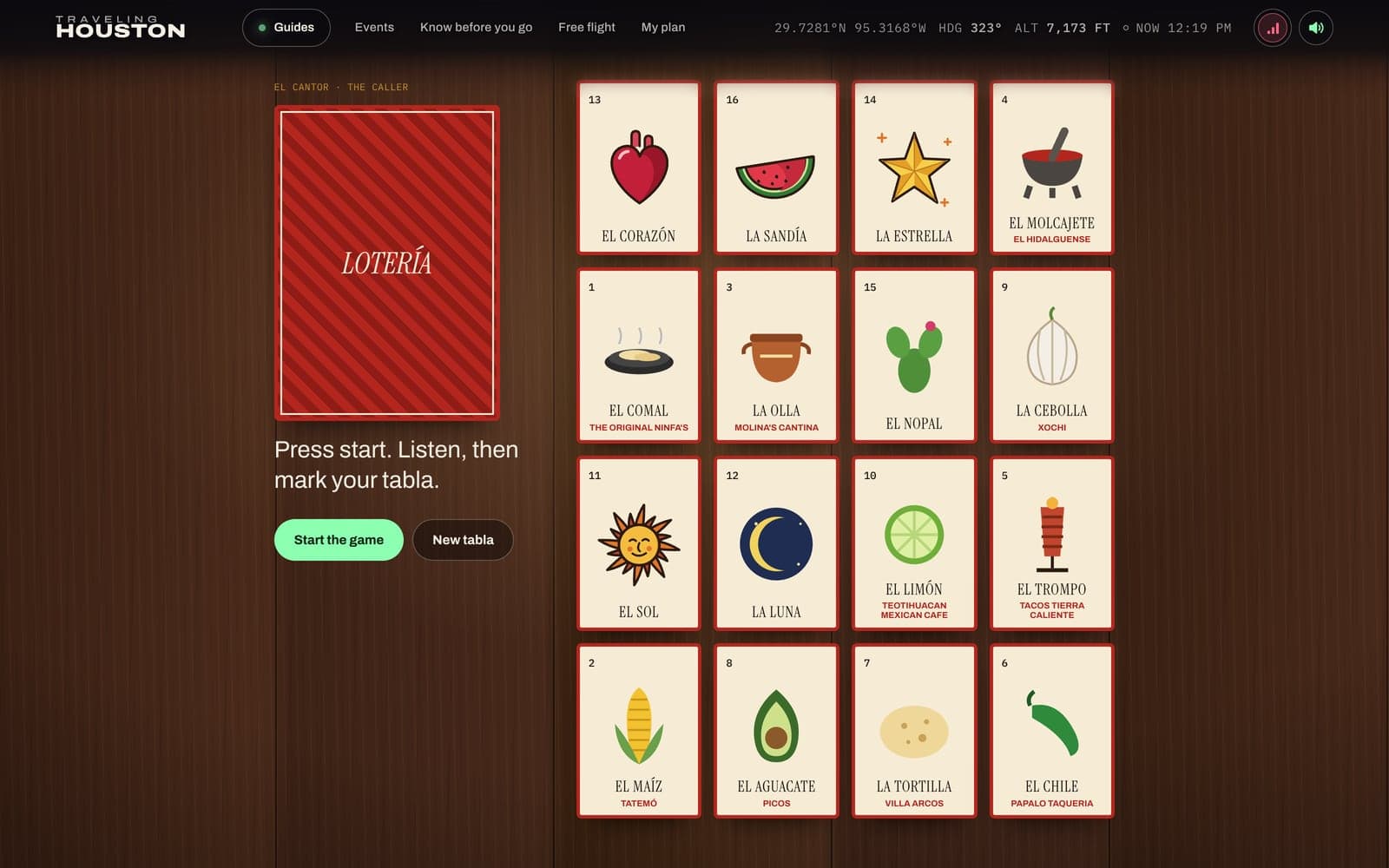 Lotería on the Tacos and Tex-Mex guide: a red deck beside a tabla of illustrated cards, most of them marked with a place from the guide, and a Start the game button.