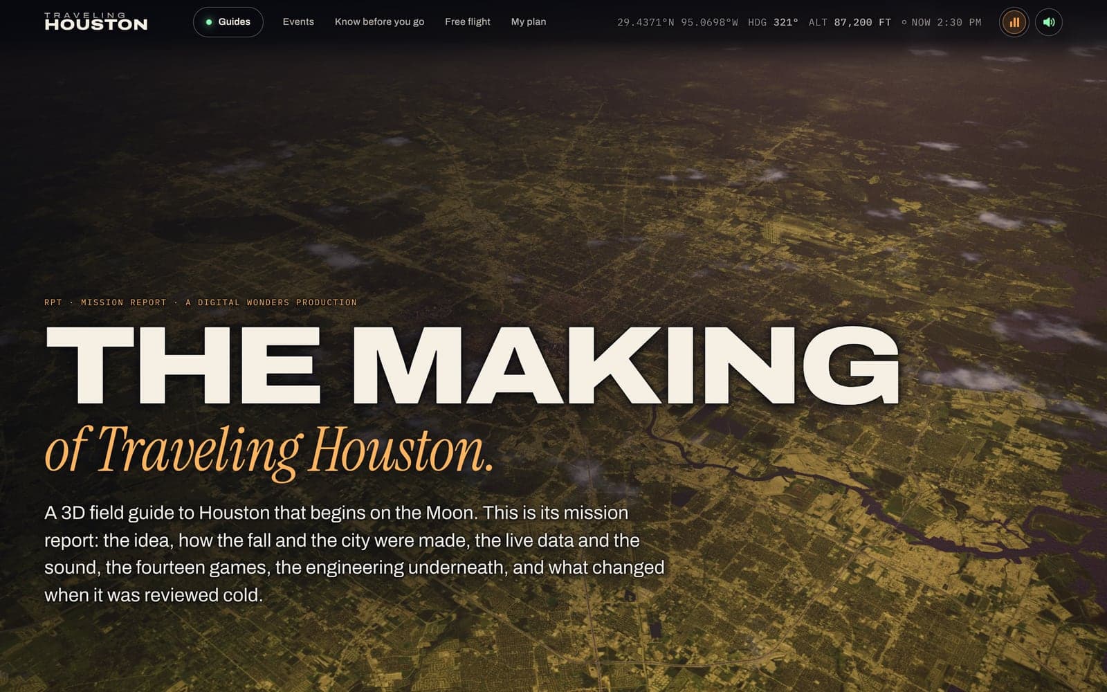 The making-of page: the headline “The making of Traveling Houston” over an aerial view of the Houston region.