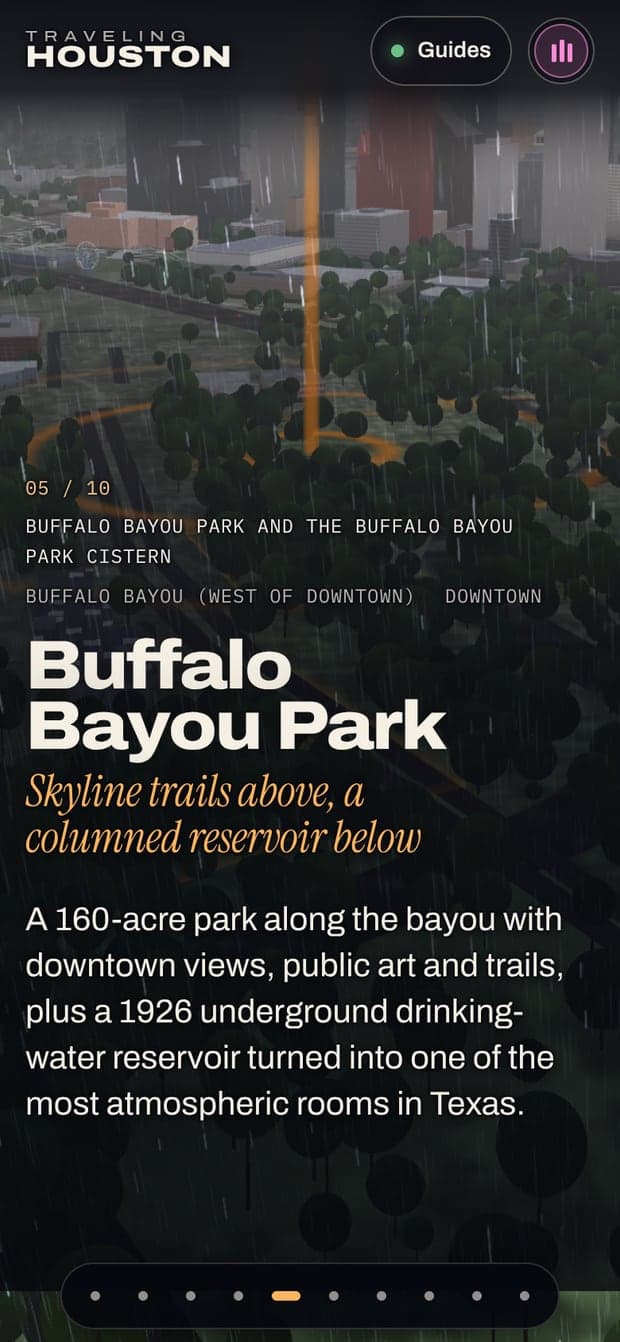 The Buffalo Bayou stop on a phone, rain over the city behind the place's name and description.