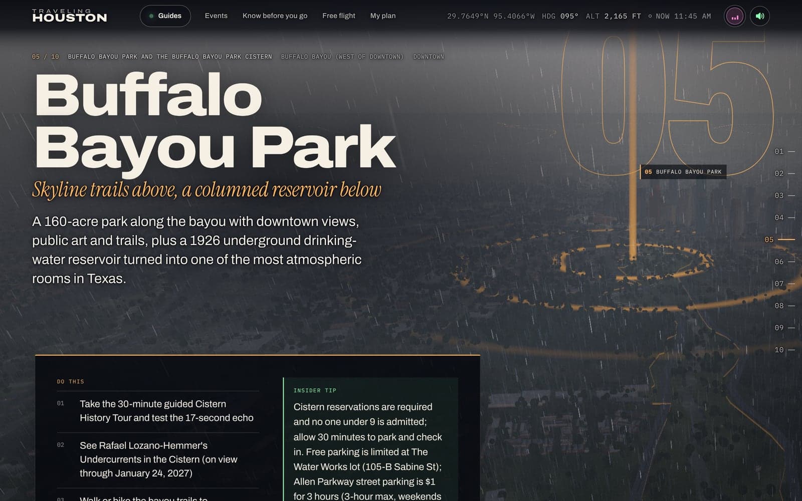 Downtown Houston under a thunderstorm in the 3D city, rain streaking across the view and a ring of light marking the Buffalo Bayou stop, beside the place's name and notes.