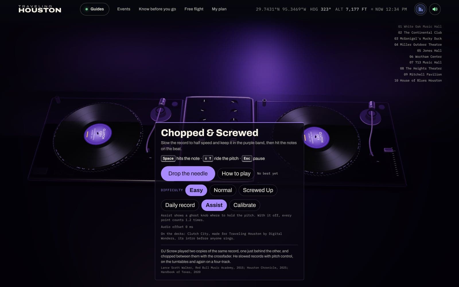 Chopped & Screwed on the Live Music guide: two turntables under purple light with the game's card, its difficulty settings and a Drop the needle button, and the guide's ten venues listed beside it.